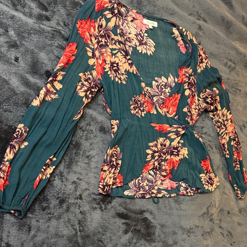 Honey Belle Blouse - Teal/Deep Green with Red & Beige Floral Design (Women’s L)